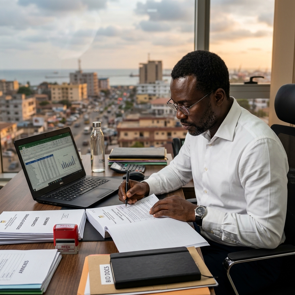 Expert africain analyse un dossier d'appel d'offres public au Bénin