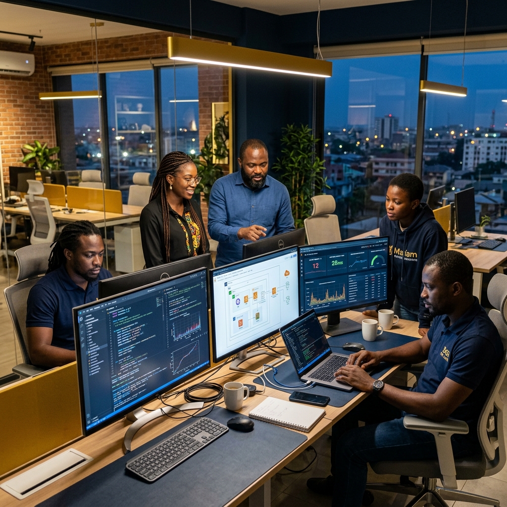 Ingénieurs IFETOBI GROUP travaillant sur une solution cloud et IA au Bénin